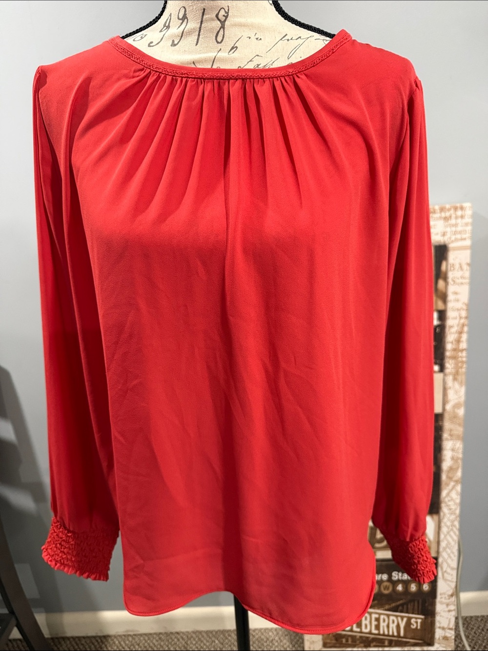 LOFT Red Long-Sleeve Gathered Neck Blouse